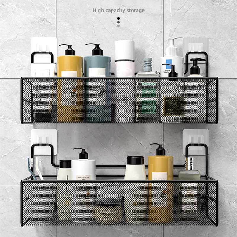 Black Wall-mounted Bathroom Shelf Shower Shampoo Rack Toilet Accessories Kitchen Free Punch Condiment Storage Basket