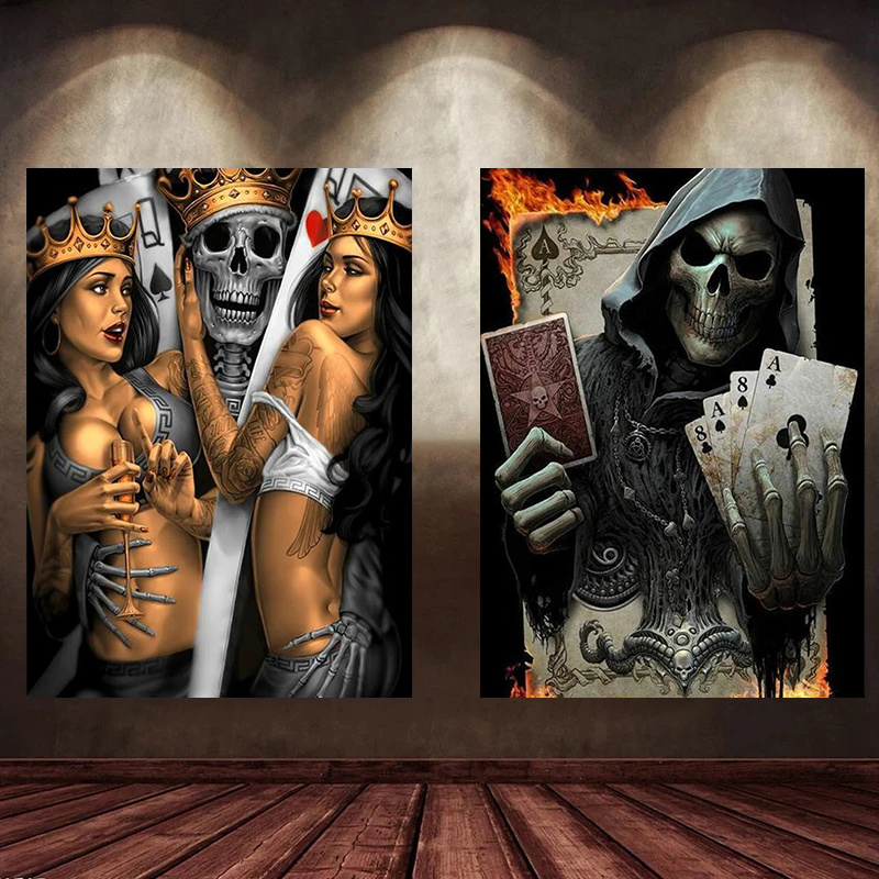 Skull King And Queen Cards Posters And Prints Poker Girl Canvas Painting Wall Art For Living Room Home Decoration Mural Pictures