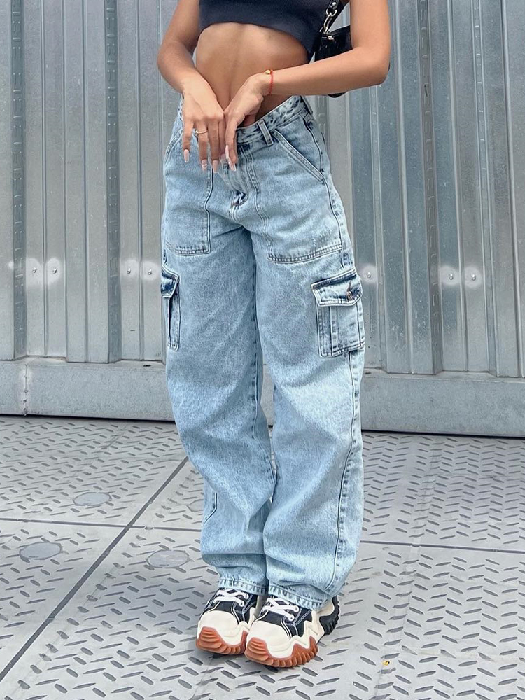 Women High Waist Baggy Jeans Flap Pocket Side Relaxed Fit Straight Wide Leg Cargo Jeans Slim Streetwear Boyfriend Jeans Trousers