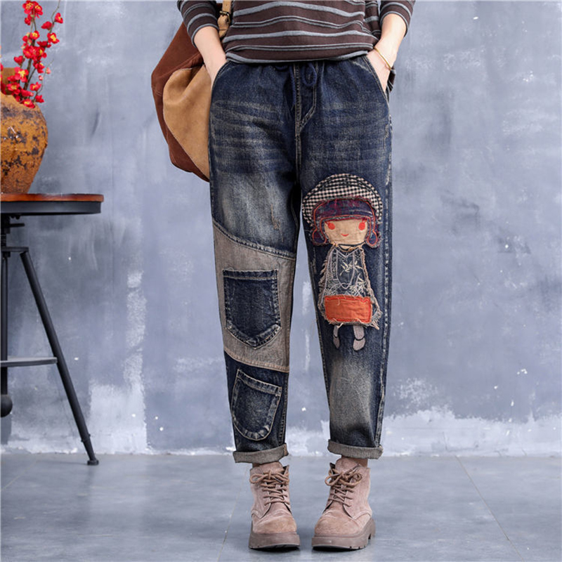 Vintage printing Embroidery Jeans Women Casual Loose plus size Harem pants Denim cottons Do old Jeans  Autumn Bottoms