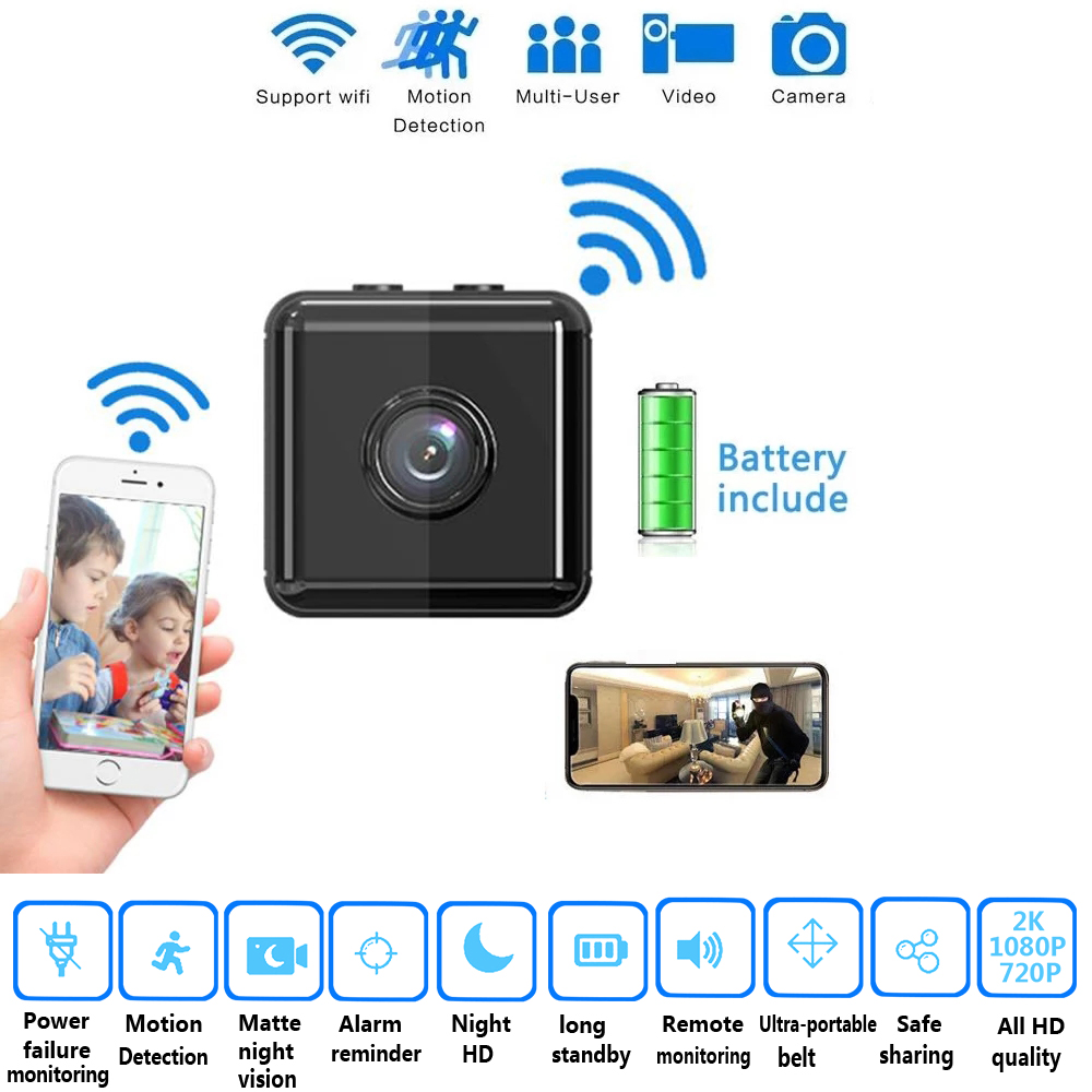 Wireless Home Security Mini Camera WiFi Micro 2K 1080P Night Vision Battery Power Surveillance IP Cameras PIR Detection CCTV