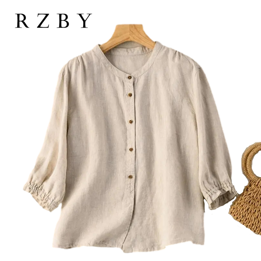 Linen Cotton Puff Sleeve Summer  Shirts Women Blouse  Ladies Loose Vintage Tops Half Sleeve Female Clothing Casual  RZBY469