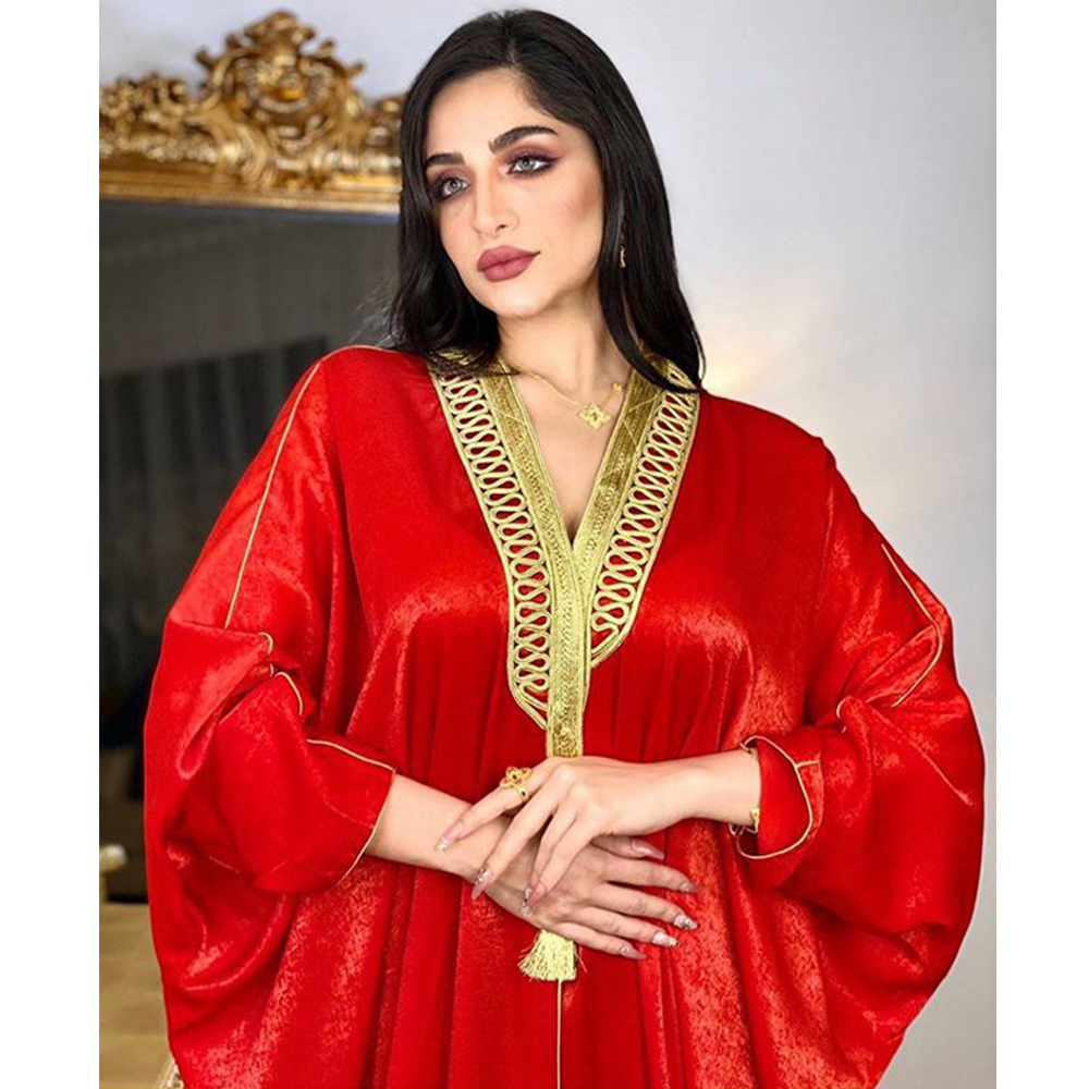 Moroccan Kaftan Dubai Open Abaya Dress for Women Gold Ribbon Batwing Sleeve Arabic Muslim Turkey Clothes France Velvet