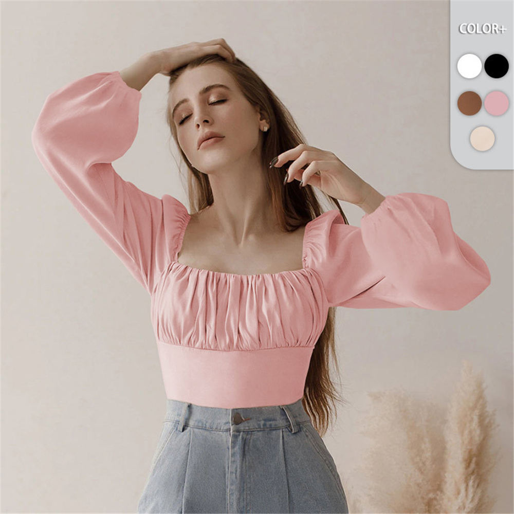 Women Slash Neck Blouse Ladies Girls Long Puff Sleeve Folds Waist Backless Short Shirt Female  Crop Clothes