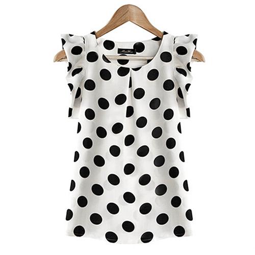 Women  Summer Casual Polka Dot Round Neck Short Sleeve Shirt Top Chiffon Blouse