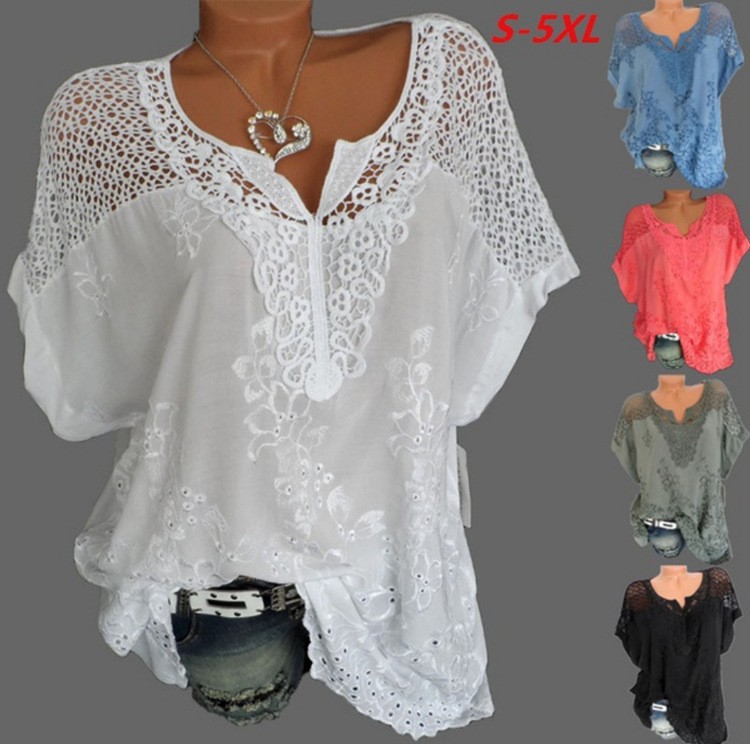 Large Size Loose Short-Sleeved Lace Women Blouses Cotton Blouses  Summer Shirt Tops Sexy  Women Shirt