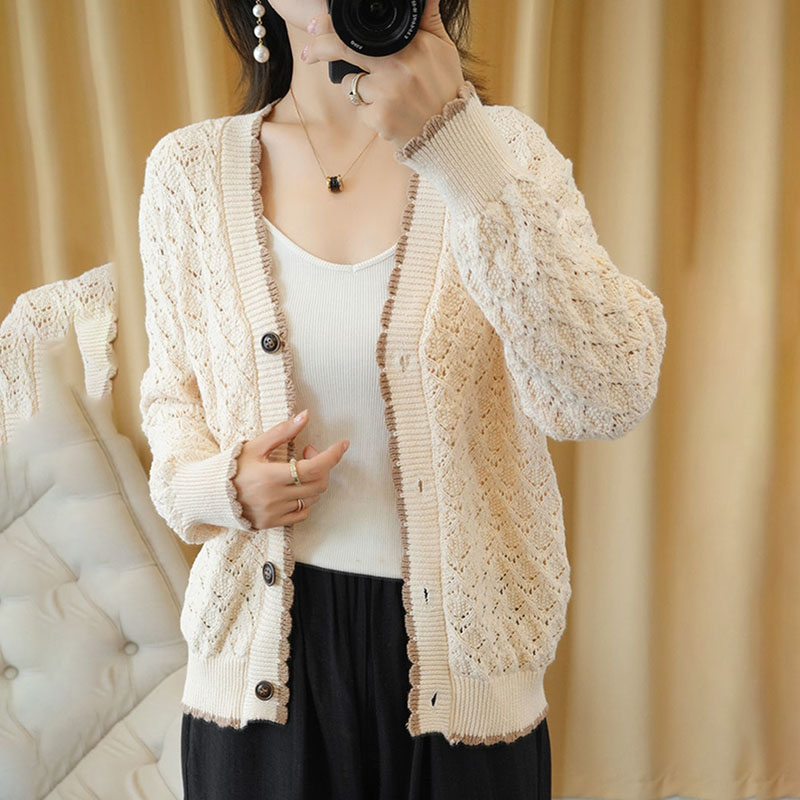 Holoow out lace plus size Knitted cardigan Women  slim long sleeve sweater Vintage Knitting tops Spring Sunscreen Shirt