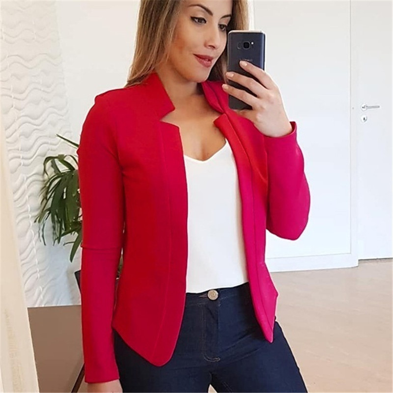 Solid Color Blazer Women  Long Sleeve Spring Autumn Slim Short Suit Jacket Coat White Female Outerwear