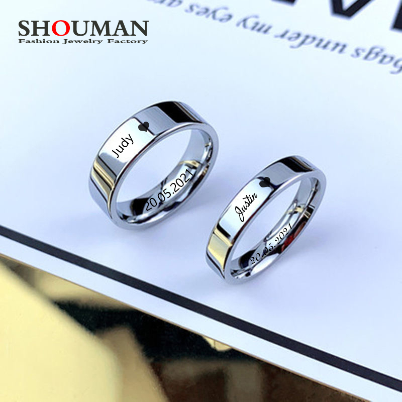 SHOUMAN 8mm 6mm Smooth Customized Stainless Steel Silver Color Ring for Women Men Custom Engrave Name Logo Lover Couple Jewelry