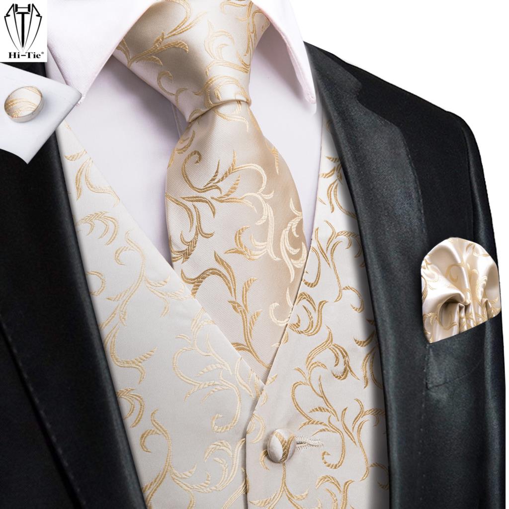 Hi-Tie  Silk Ivory Beige Champagne Gold Mens Vests Tie Hankerchief Cufflinks Set Jacquard Vine Waistcoat for Men Suit Dress