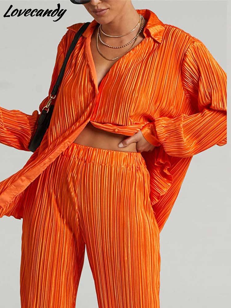 Casual Women's Shirt Pleated Two Piece Set Green Loose High Waist Wide Leg Pants Suit  Elegant Office Ladies Female Outfits