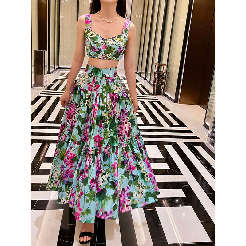 22 Spring Summer Runway Bluebell Print Pure Cotton Elegant 2 Piece Sets  Fishbone Vest High Waist A-line Big Swing Skirt