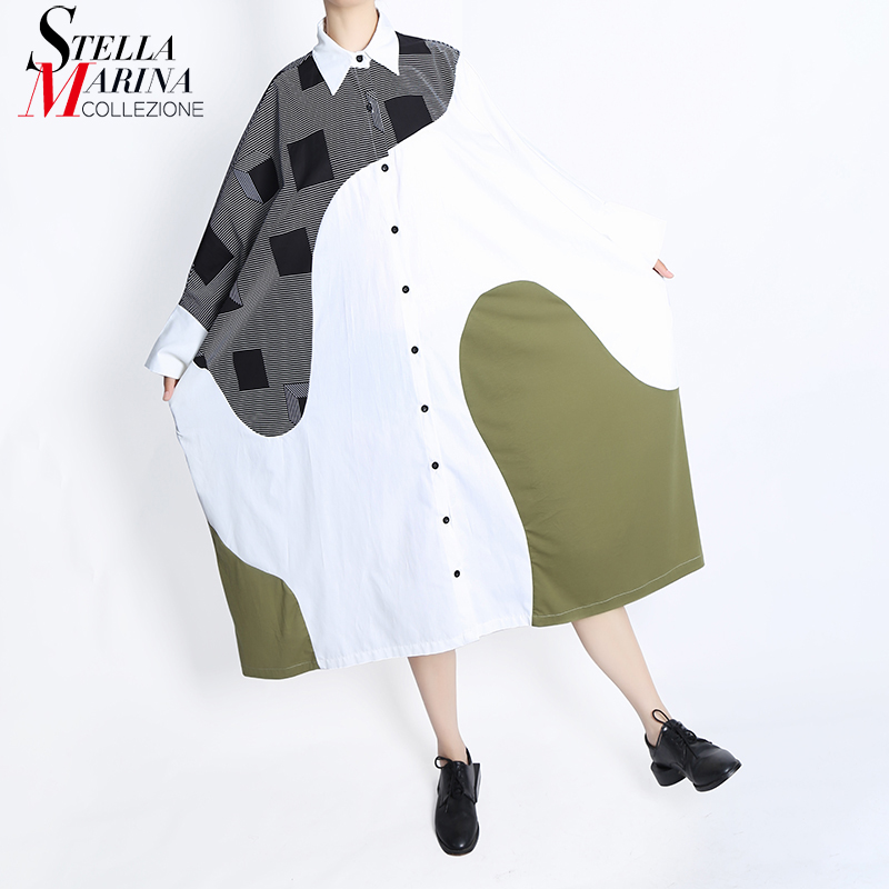 Plus Size Autumn Woman Batwings Sleeve Loose Fit Patchwork Shirt Dress Printed  Girls Unique Streetwear Robe HU7712