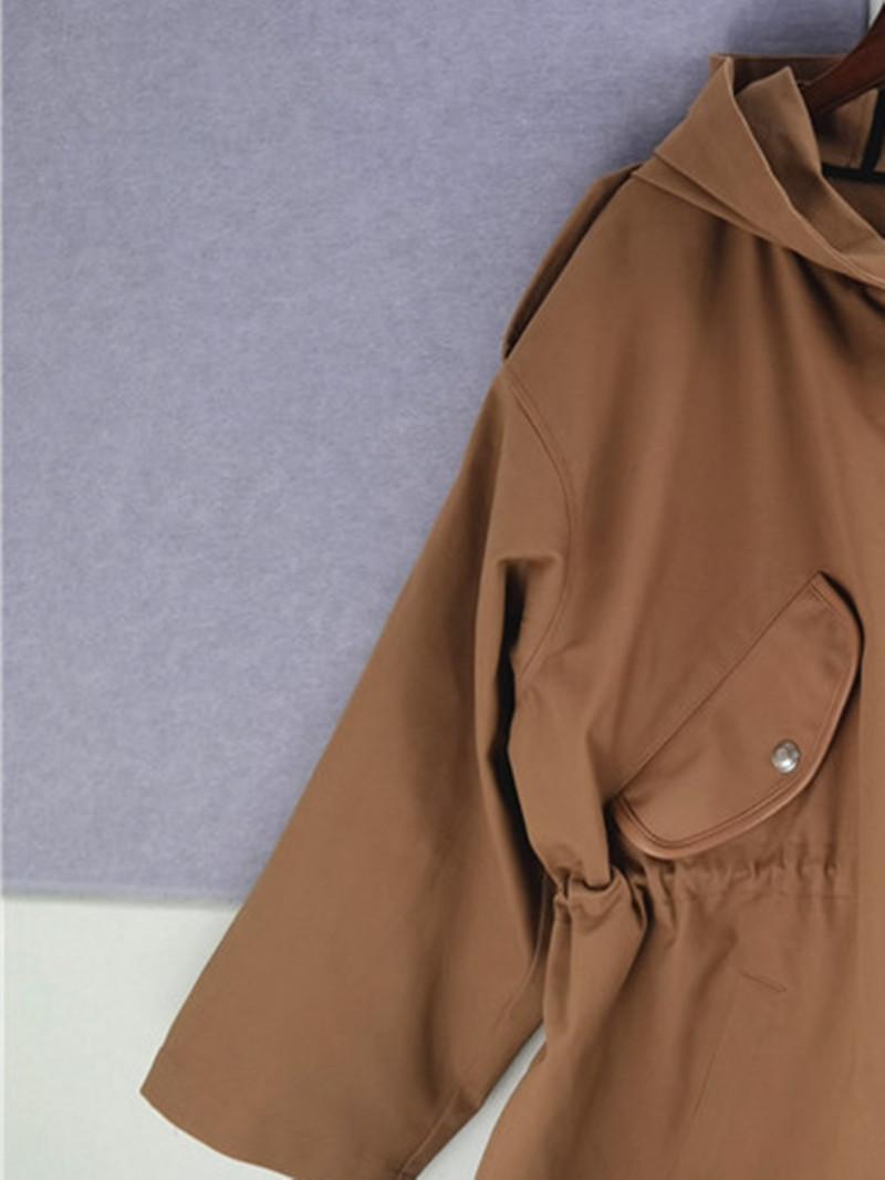 Women Solid Color Windbreaker Coat British Style Zipper Drawstring Elastic Waist Hooded Jacket for Lady  Spring Summer New