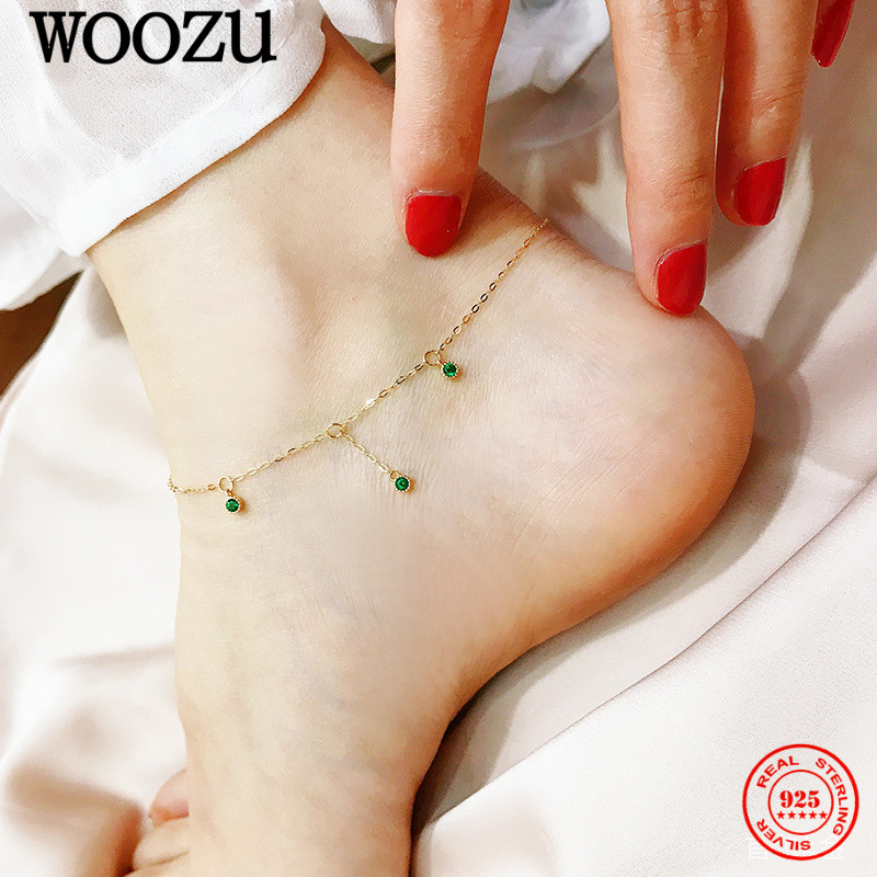 WOOZU 925 Sterling Silver French Simple Round Green Zircon Anklets For Women Foot Leg Summer Beach Charm Party Delicate Jewelry