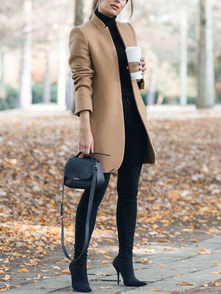 Autumn and Winter Women's Mid-length Solid Color Stand-up Collar Slim Woolen Coat  Casual Elegant Office Women Coat