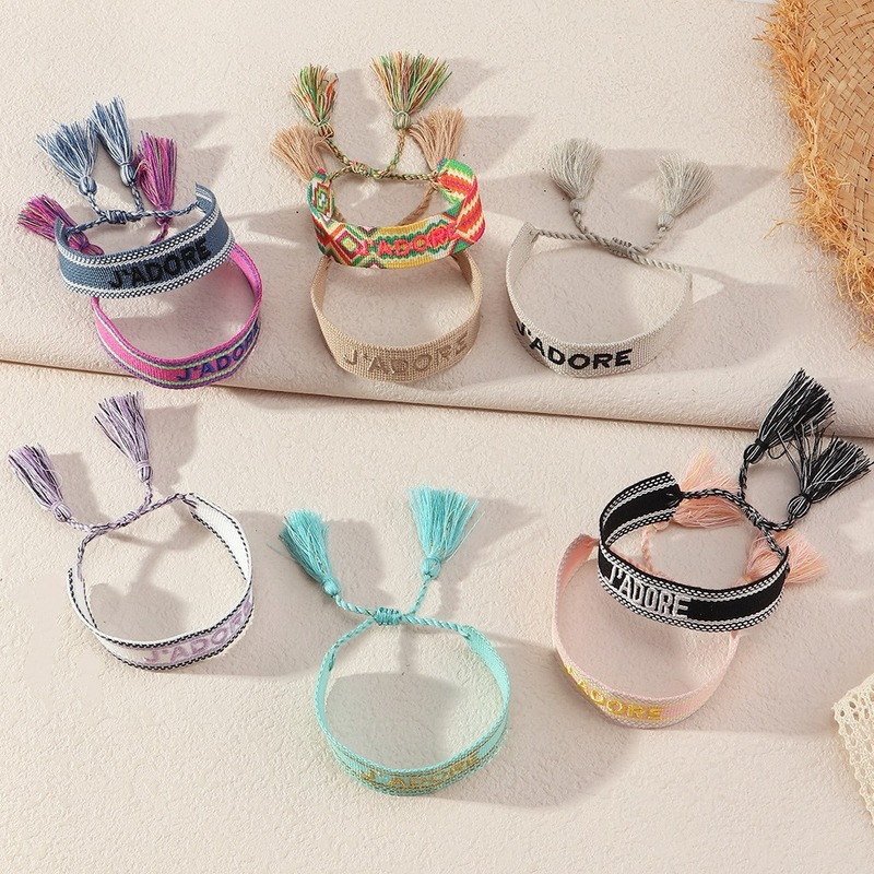 Nepal Ethnic  Fabric Bracelet J ADORE Embroidery Letter Hand-woven Tassels Wrap Bracelets for Women Men Friendship Gift