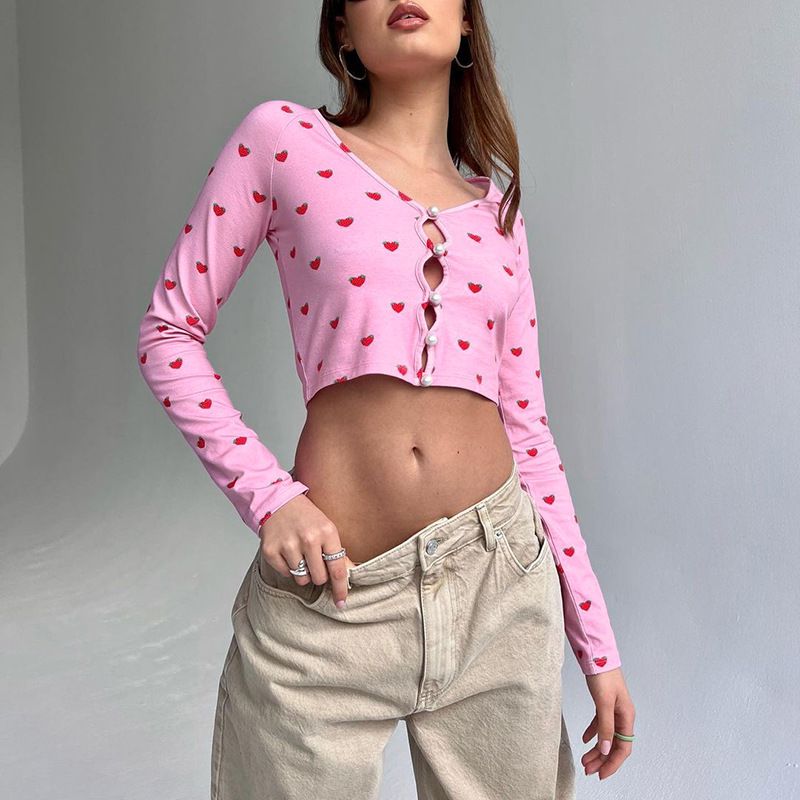 Pink Crop Tops V Neck Full Sleeve Hollow Out Strawberry Print Solid Pearl Buckle Short Cute T-Shirts Women Female Summer Autumn