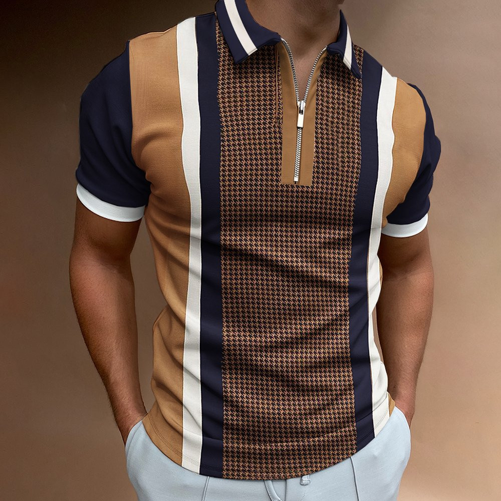  Summer Chic Plaid stripe Casual Mens Short Sleeve Polo Shirts Patchwork Turn-down Collar Zipper Design Men Street clothes