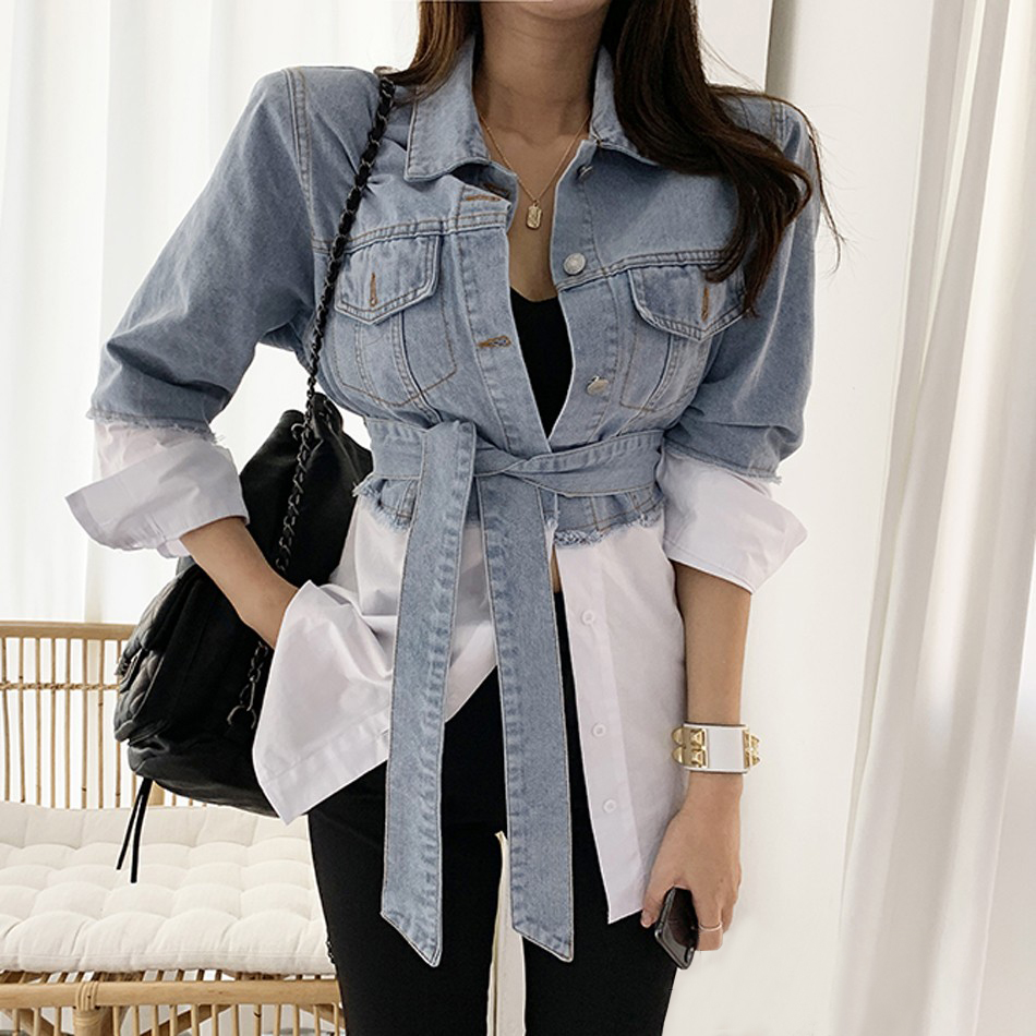 Button Up Patchwork Long Denim Tops Women  Spring Summer Autumn  OL Casual Jeans Shirts Female Cheap Wholesale