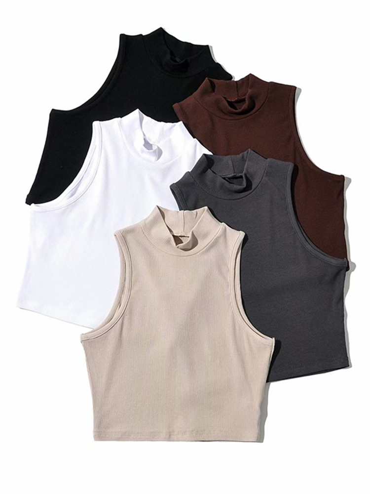 Summer Black Women  Crop Top High Neck White Sleeveless Tank Tops 5 Colors
