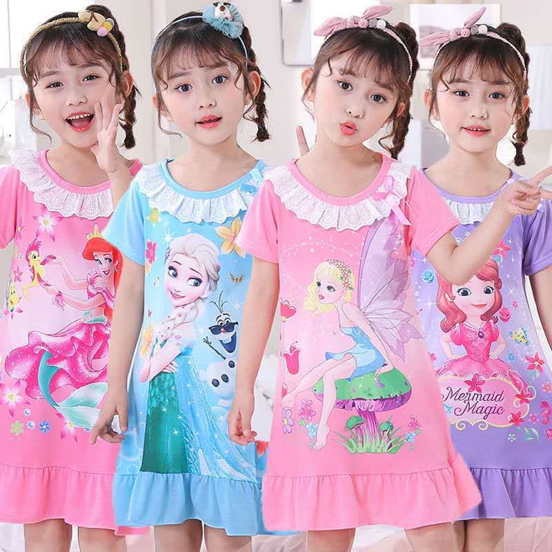 Girls Princess Elsa Nightgowns Summer Short Sleeve Striped Cartoon Nightdress Knitted Pajamas Sleepwear Kids Girl Nightgown