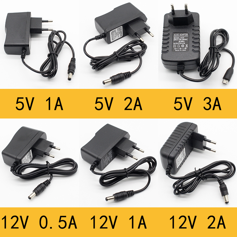 1pcs 100-240V AC to DC Power Adapter Supply Charger adapter 5V 12V 1A 2A 0.5A EU Plug 5.5mm x 2.5mm/5v3aDC Plug Micro USB