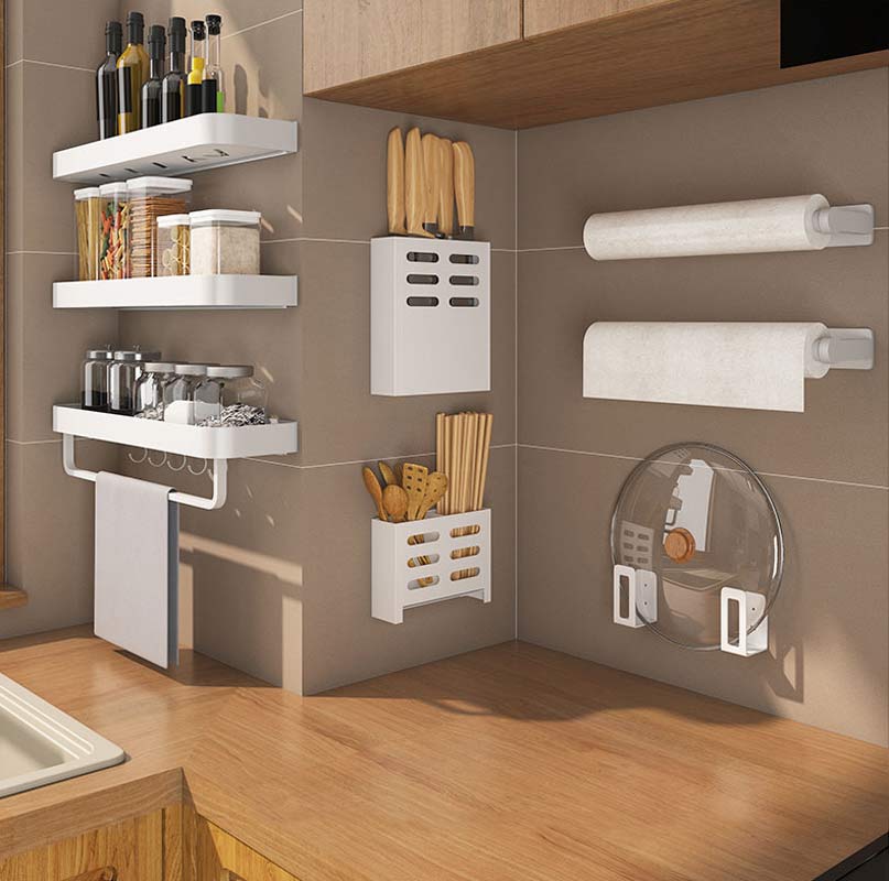 Kitchen multi-function storage rack wall-mounted white aluminum alloy seasoning rack with hook and rod pot cover rack AE02YJM-11