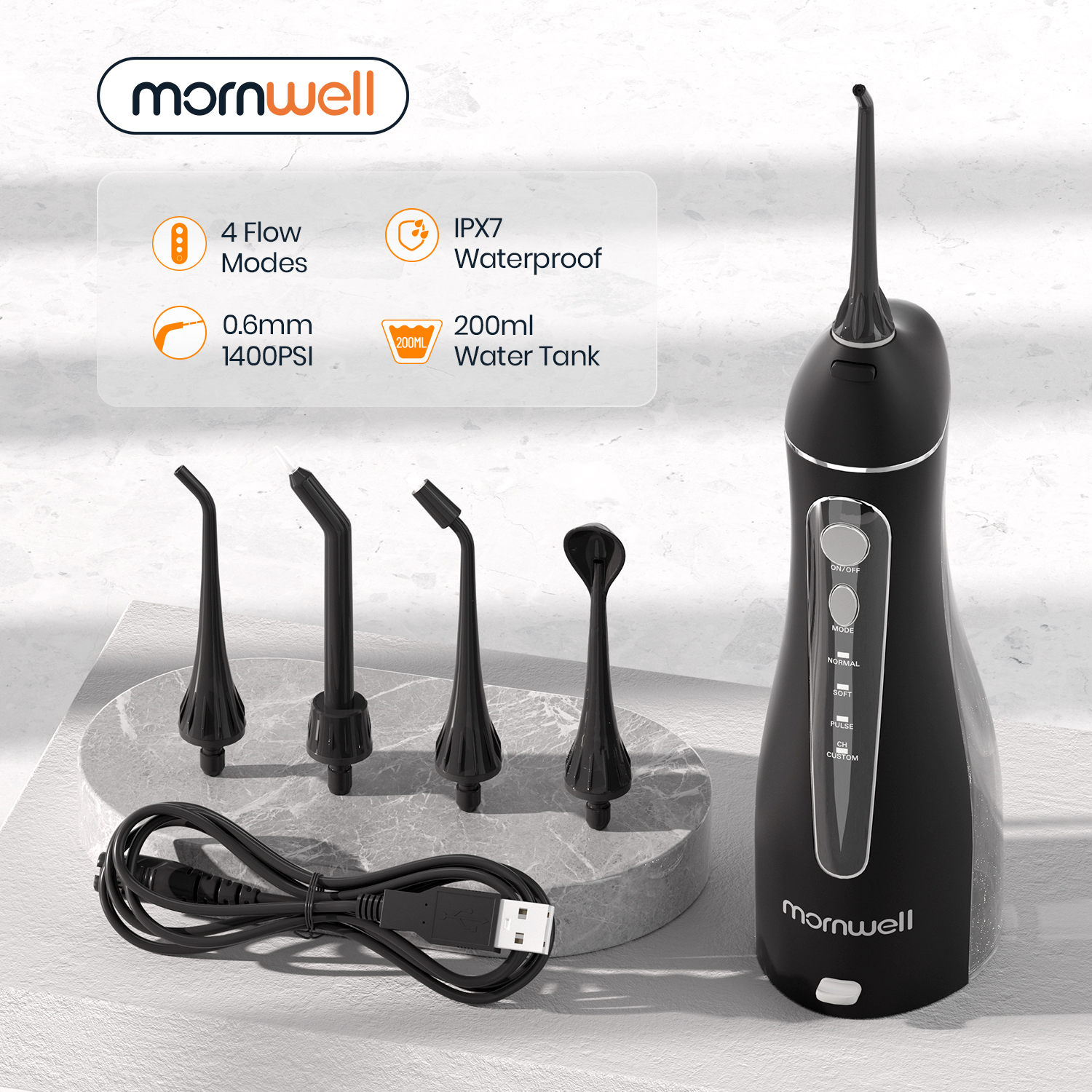 Mornwell Portable Oral Irrigator With Travel Bag Water Flosser USB Rechargeable 5 Nozzles Water Jet 200ml Water Tank Waterproof