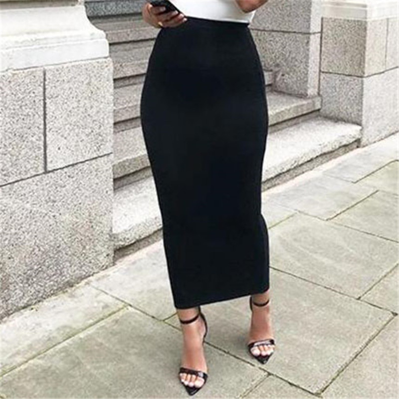 Black Solid High Waist Elastic Woman Pencil Skirts Elegant Bodycon Slim Skinny Street Party Club Maxi Long Skirt Female G2310