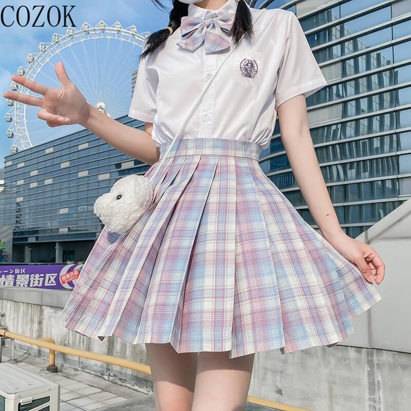 COZOK JK Uniform Skirt Genuine Plaid Skirt Summer Girl Children's Preppy Style Student Half Pleated Tartan Skirt Kawaii