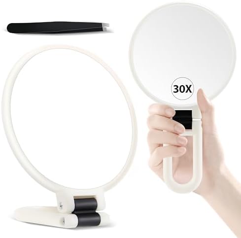 B Beauty Planet Hand Mirror, 30X Magnifying Mirror on Stand, Double Sided Magnifying Mirror with 30X/1X Magnification, 360°Adjustable Handle, Portable Travel Makeup Mirror for Eyebrow Plucking White