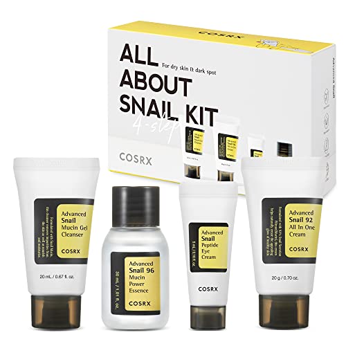 COSRX Snail Mucin Travel Essentials Kit, Mini Size Set- Advanced Snail Mucin Serum, Gel Face Wash, Peptide Eye Cream, Face Moisturizer - Repairing, Rejuvenating Gift Set, Korean Skin Care