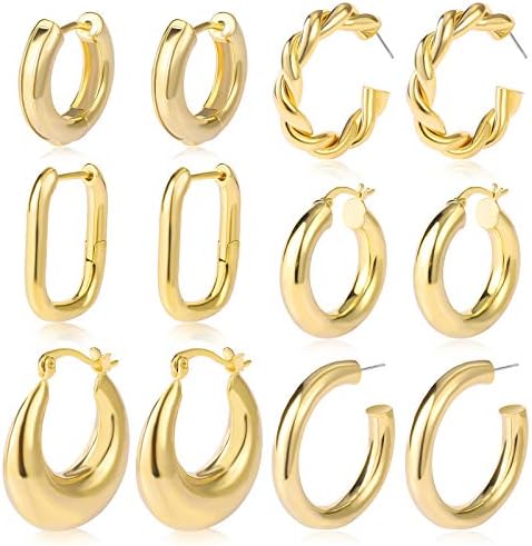 6 Pairs Chunky Gold Hoop Earrings Set for Women 14K Gold Plated Hypoallergenic Thick Open Huggie Hoop Set Jewelry for Gifts
