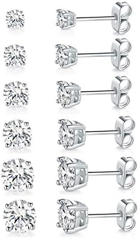 18K White Gold Plated 4 Pong Round Clear Cubic Zirconia Stud Earring Pack of 6 Pairs (6 Pairs)