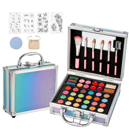 Anpro All-in-One Makeup Carry Case with Pro Teen Makeup Set, Full Starter Cosmetics Kit with Makeup Brushes, Eye Shadows Palette, Blushes, Glitter Gel, Temporary Tattoo Stickers - Blue