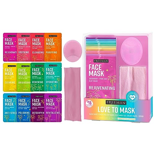 Freeman 14 Piece Love To Mask Variety Pack, Face Masks For All Skin Types, Hydrate, Detoxify, & Clear Skin, Exfoliating Scrub, Bonus Headband & Skin Buffer, Stocking Stuffer, Cruelty-Free & Vegan