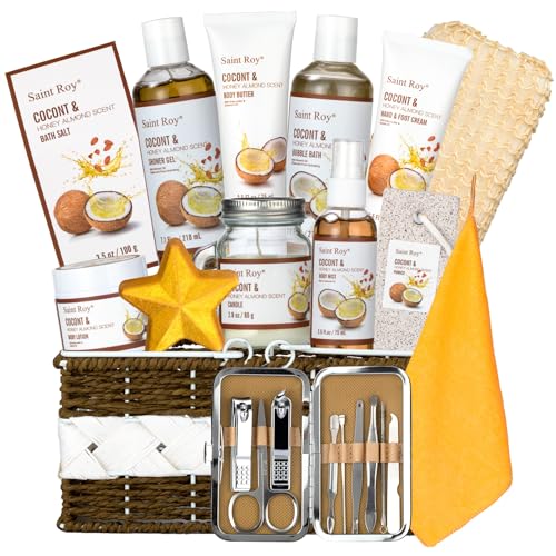 Perfumes Bath Spa Gift Baskets Set for Women & Men Bath and Body Shower Bath Kit, Personal Care Gift Set, Coconut & Honey Almond Pampering Large Luxury Home Spa Kit, Mother's Day Gifts for Mom