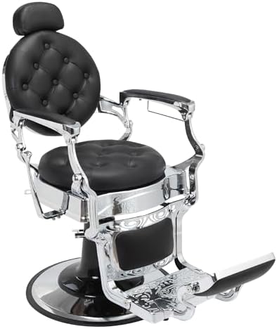Vintage Barber Chair for Barbershop, Professional Salon Chair with Heavy Duty Metal, Hydraulic Recline Styling Chair for Salon Beauty Spa Equipment, Round Base, Black+Silvery Frame