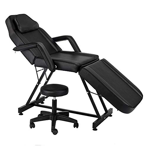 Massage Bed, Adjustable Massage Table with Barber Stool, Spa Salon Beauty Tattoo Massage Equipment-Black - with stool