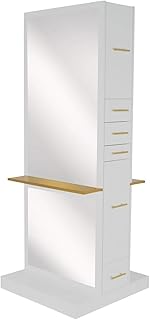 Buy-Rite Milan Double-Sided Styling Station for Professional Salons and Barbershops, 2 Full Length Mirrors with Front Metal Shelf, Slide-Out Tool Panel, NIN-MDN-01 (Gloss White)