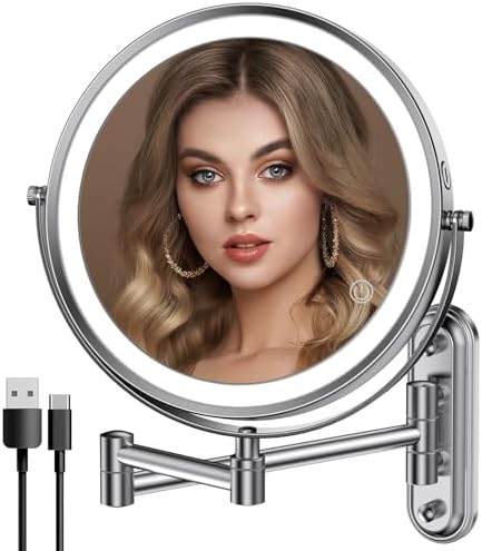 Two-Fingers-Width Narrow Base Rechargeable Wall Mounted Lighted Makeup Mirror,3 Color Lights Dimmable Touch Screen,8 Inch LED Double Sided 1X/10X Magnifying Mirror 13 Inch Retractable