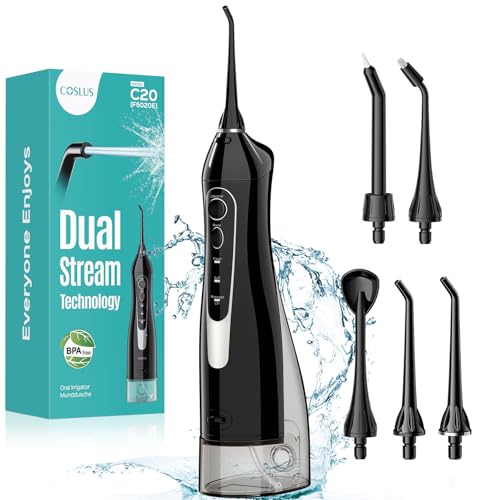 COSLUS Water Dental Flosser Teeth Pick: Portable Cordless Oral Irrigator 300ML Rechargeable Travel Irrigation Cleaner IPX7 Waterproof Electric Waterflosser Flossing Machine for Teeth Cleaning F5020E