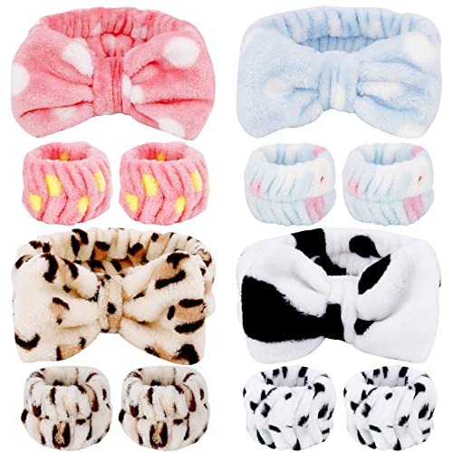 12PCS SPA Headband and Wristband Set Super Cute Soft Microfiber Makeup Headband for Women Girls Elastic Bow Skincare Headbands with Highly Absorbent Wristbands for Washing Face Shower