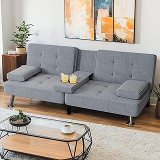 Shahoo Modern Linen Upholstered Convertible Folding Futon Sofa Bed with Removable Armrests, Metal Legs, 2 Cup Holders for Living Room, Dark Grey