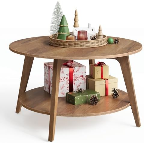 VASAGLE Round Coffee Table, 2 Tier Coffee Table with Storage, for Living Room, 31.5 x 17.7 Inches, Easy to Assemble, Honey Brown ULCT243K41