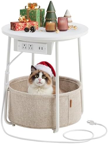 VASAGLE Side Table with Charging Station, Round End Table With Fabric Basket, Nightstand with Power Outlets USB Ports, for Living Room, Bedroom, Modern, Matte White and Camel Brown ULET228W01