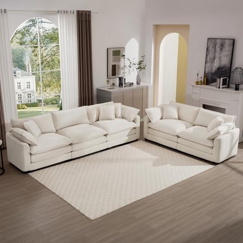 Oversized 2 Piece Sofa Set for Living Room, 3-Seater & Loveseat Couch, Modular Sectional Deep Seat Corduroy Comfy Cloud Couches with 4 Armrest Pillows and 5 Toss Pillows, Beige