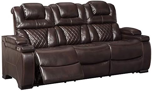 Signature Design by Ashley Warnerton Faux Leather Power Reclining Sofa with Adjustable Headrest, Brown