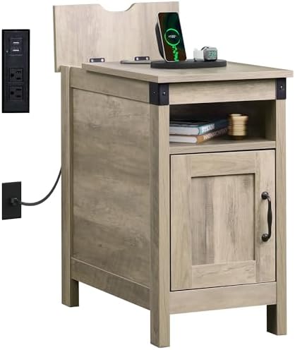 WLIVE Farmhouse End Table with Charging Station, Narrow Side Table for Living Room, Bedroom, Couch with USB Ports and Outlets, Nightstand with Storage, Greige